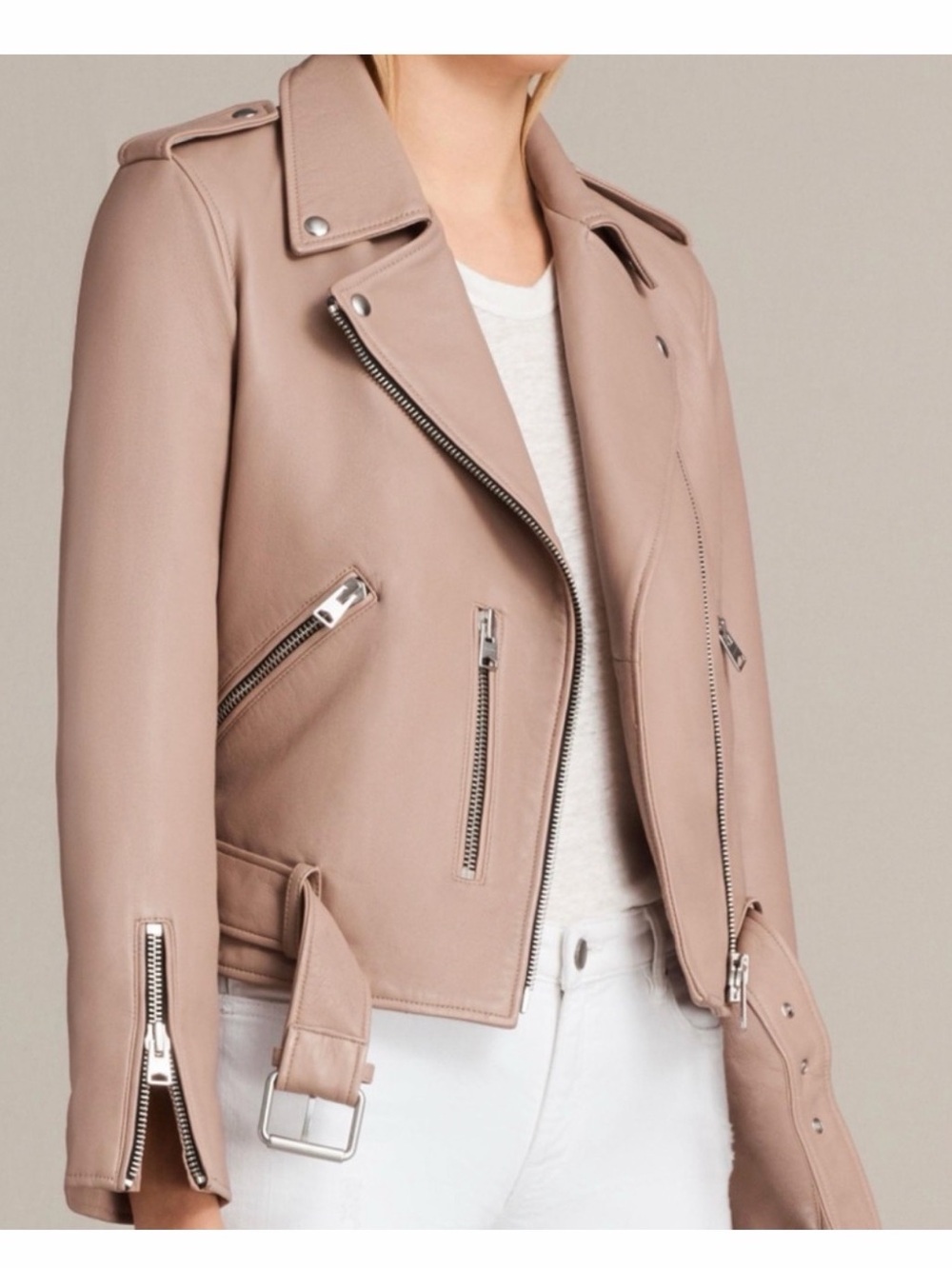 AllSaints Blush Pink Leather Moto Jacket